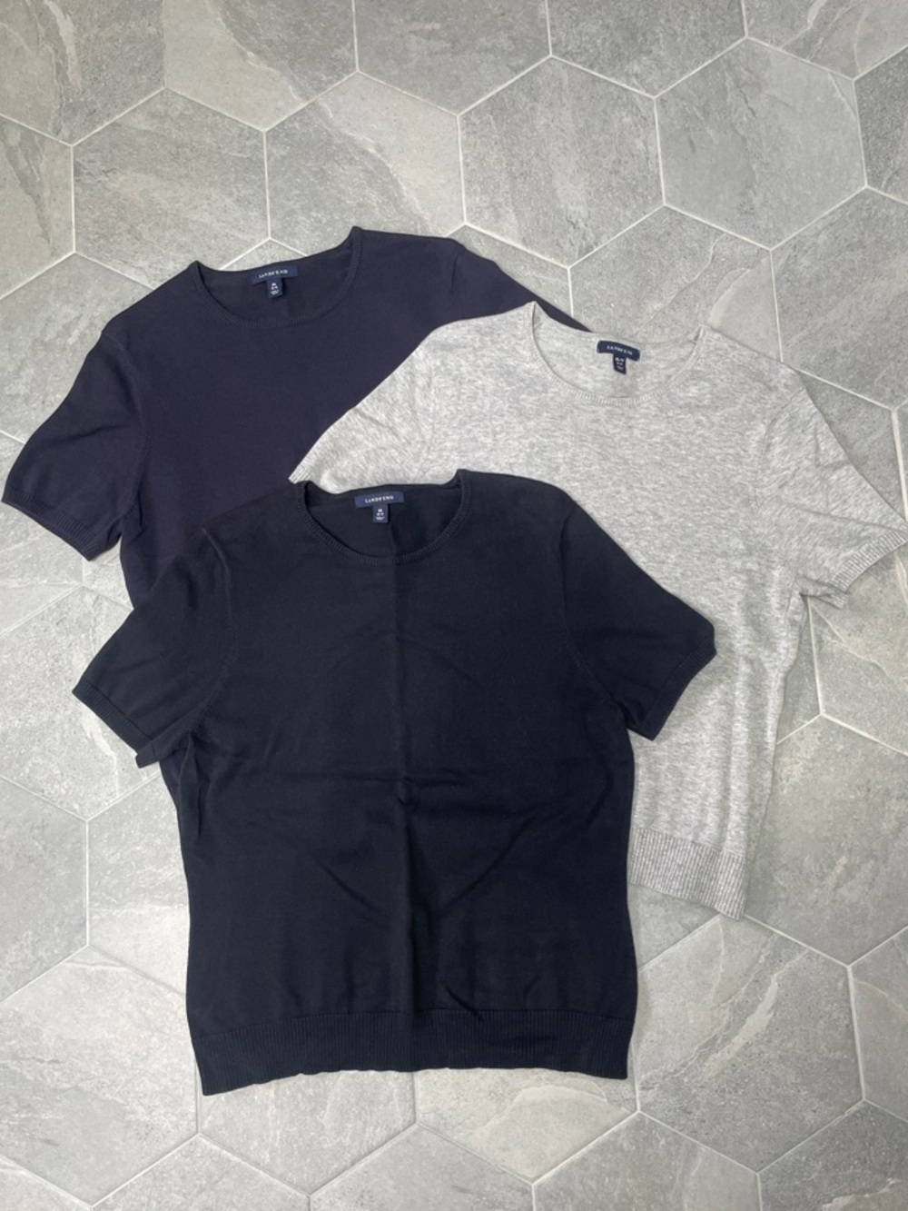 Lands’ End Short-Sleeve Knit Crewneck Tops – Set of 3 – Gray, Black & Navy